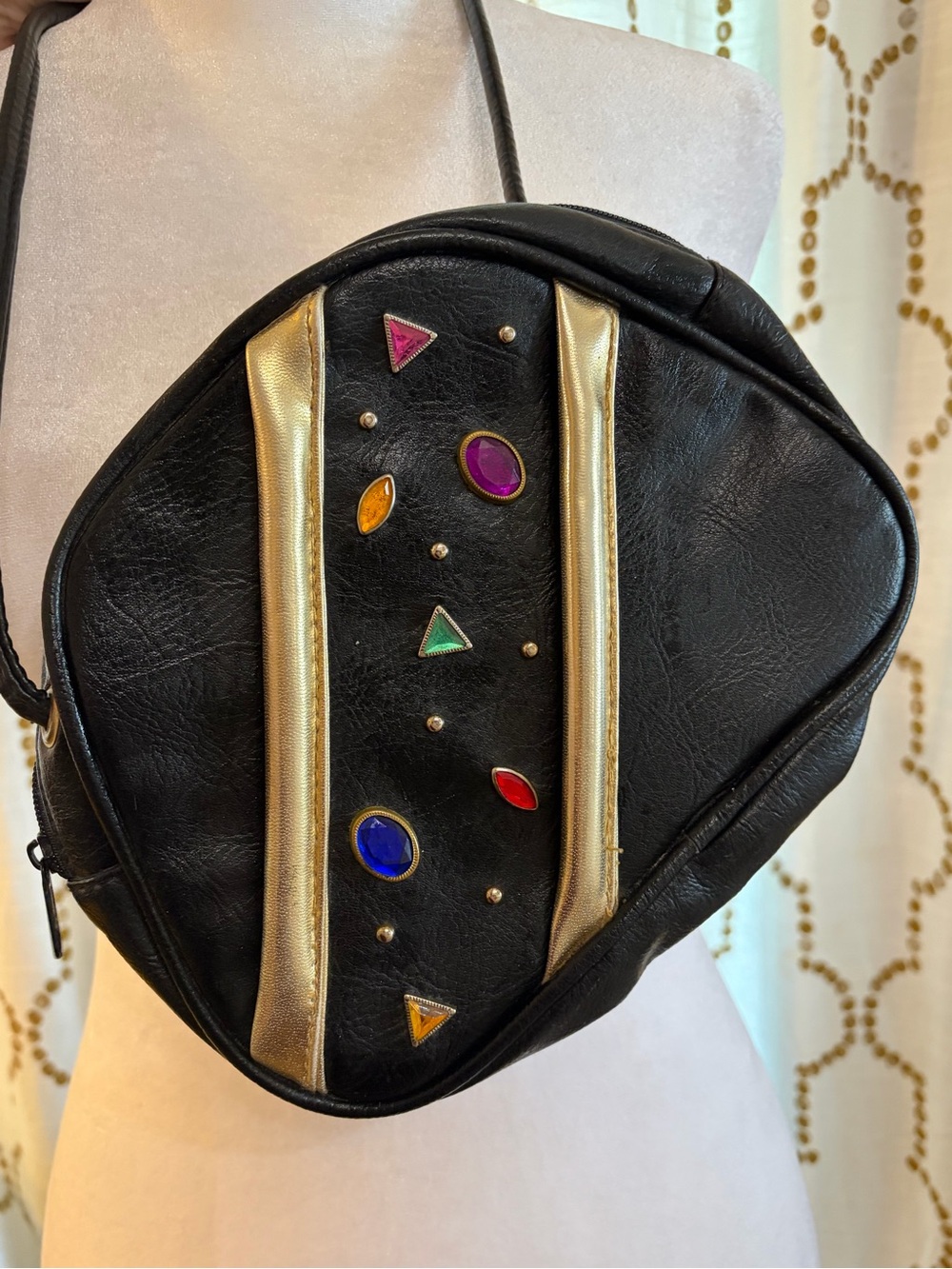 Vintage 90s Black Crossbody Bag with Gold Trim and Multicolor Gem Stone Accents